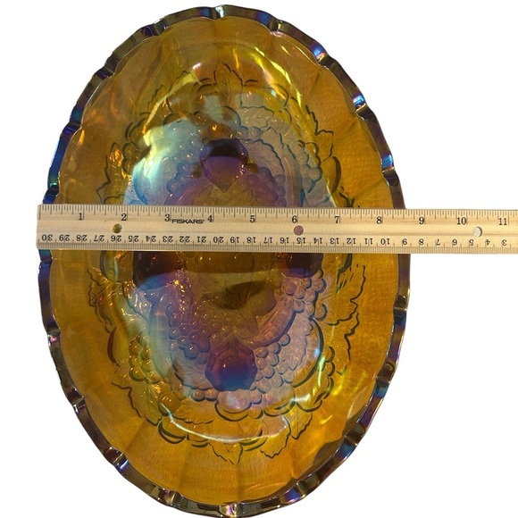 Vintage Indiana Amber Carnival Glass Footed Bowl - Fruit Pattern - Picture 9 of 10